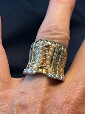 Salvadore Dali Gold-Tone Pearl Accent Wide Band Ring